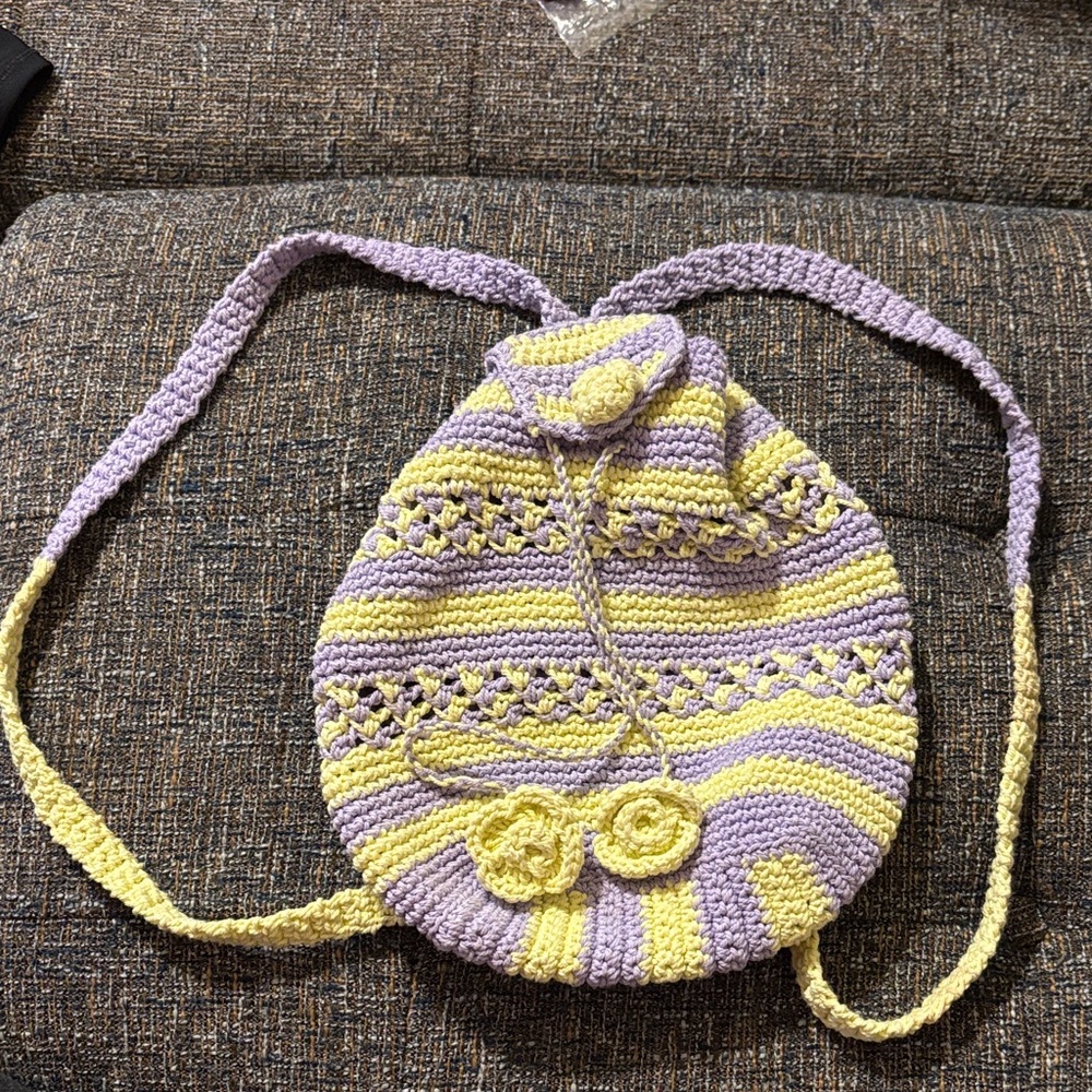 Hand & Heart Crochet Mini Backpack in Yellow and Purple EUC